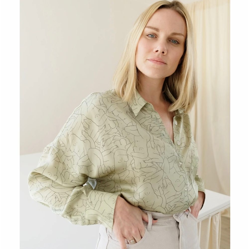 OhSevenDays Monday‎ Marwa Illustrated Vegan Silk Boxy Blouse women's sage green